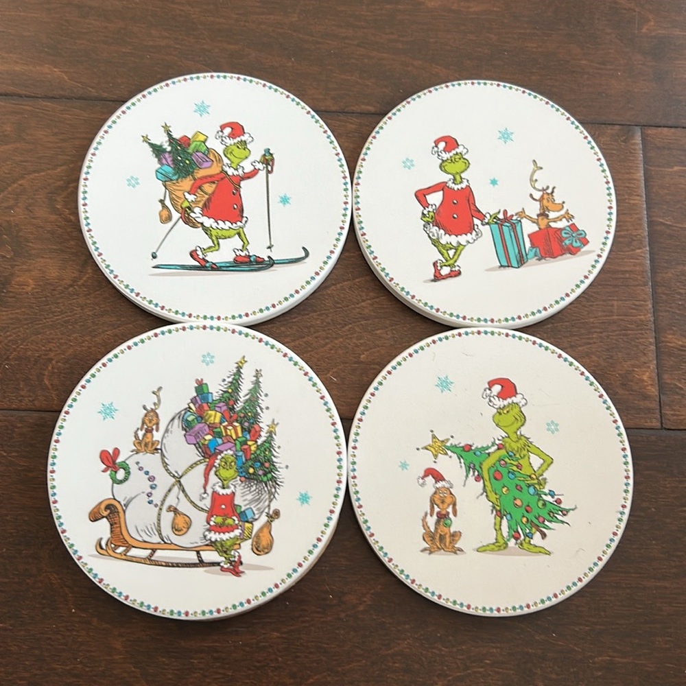 Set Of 4 Ceramic Grinch Max And Friends Coasters New Christmas Round